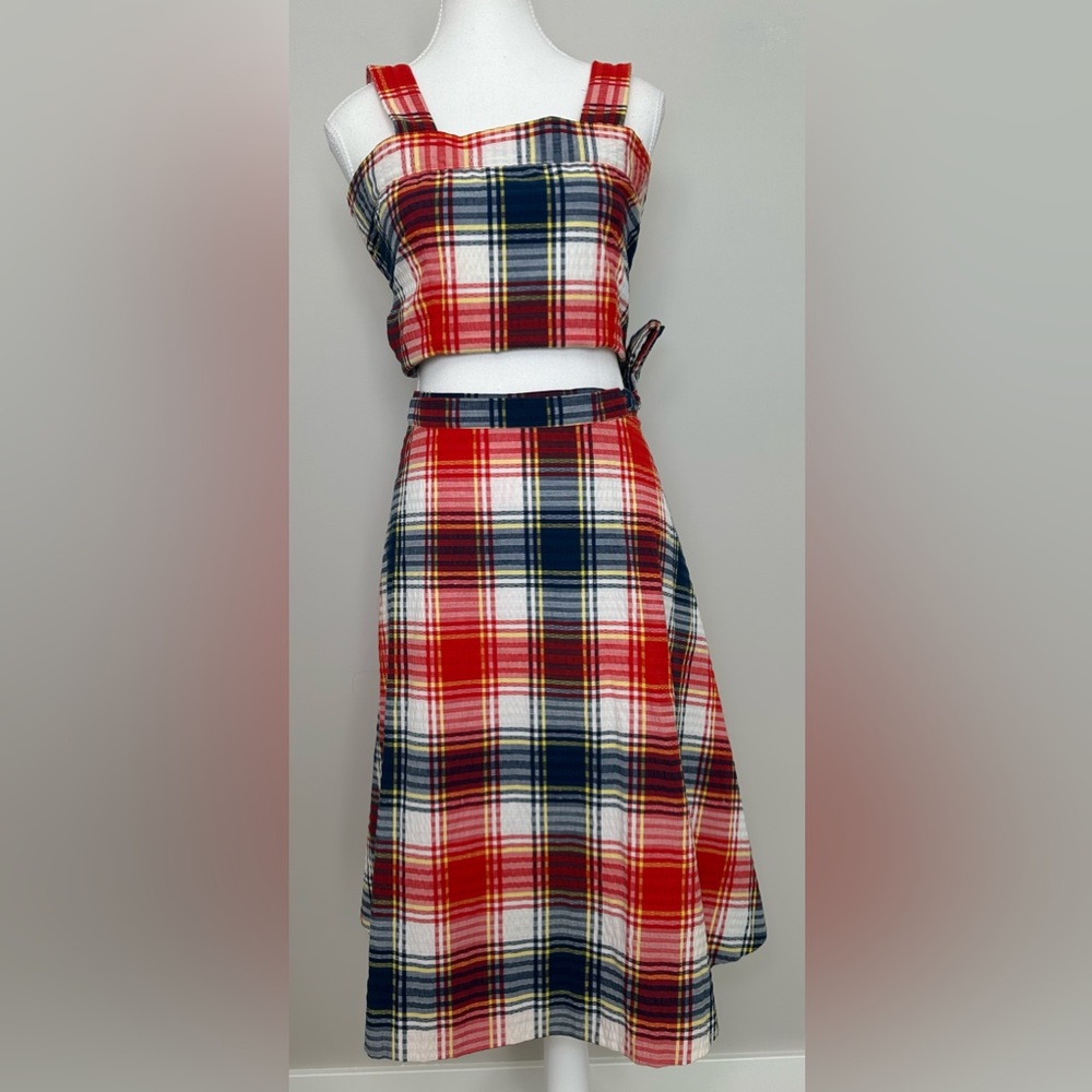 Handmade plaid skirt tank top set orange white blue preppy picnic spring summer